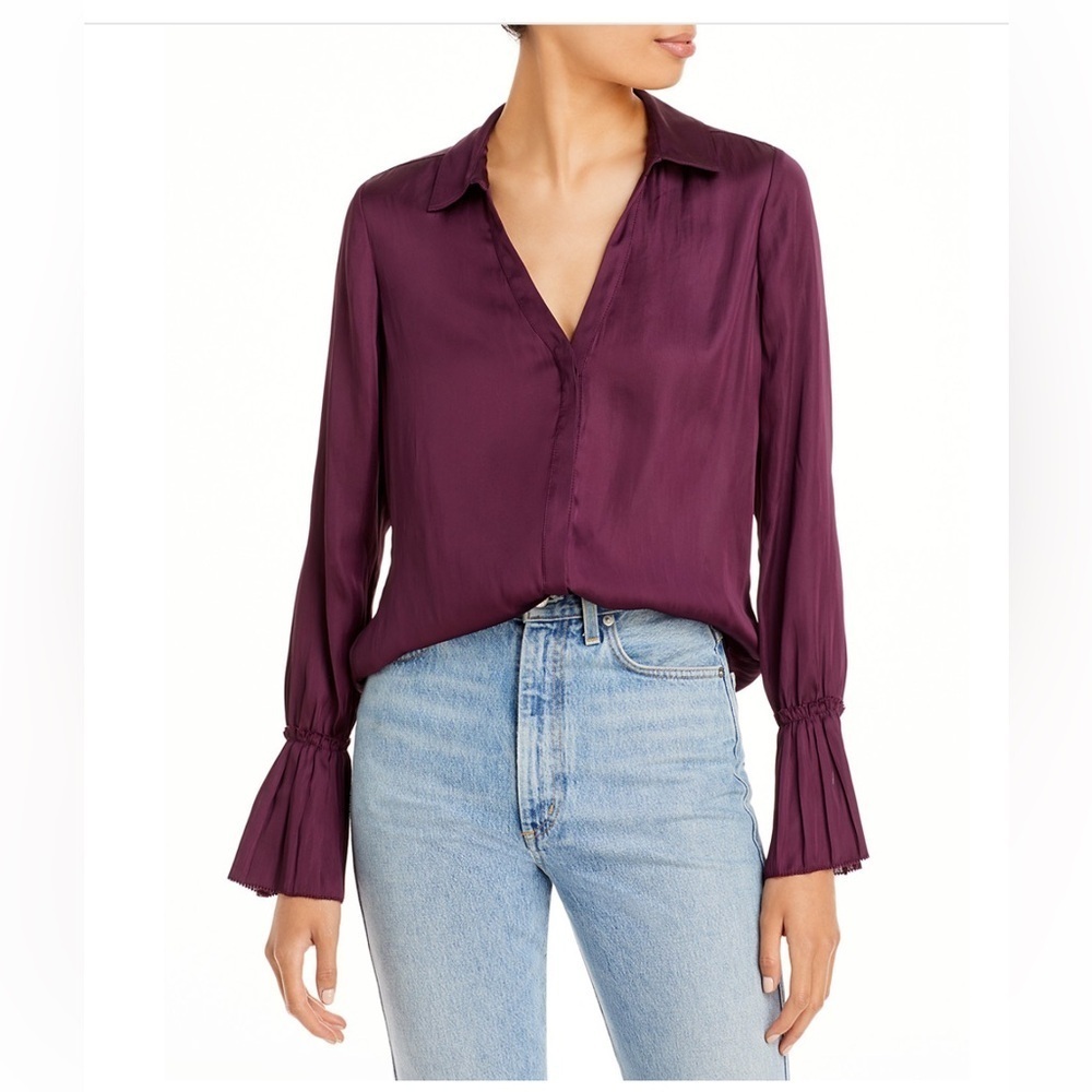 Paige Abriana Satin Purple Button Down Collared Flare Cuff Blouse Size S